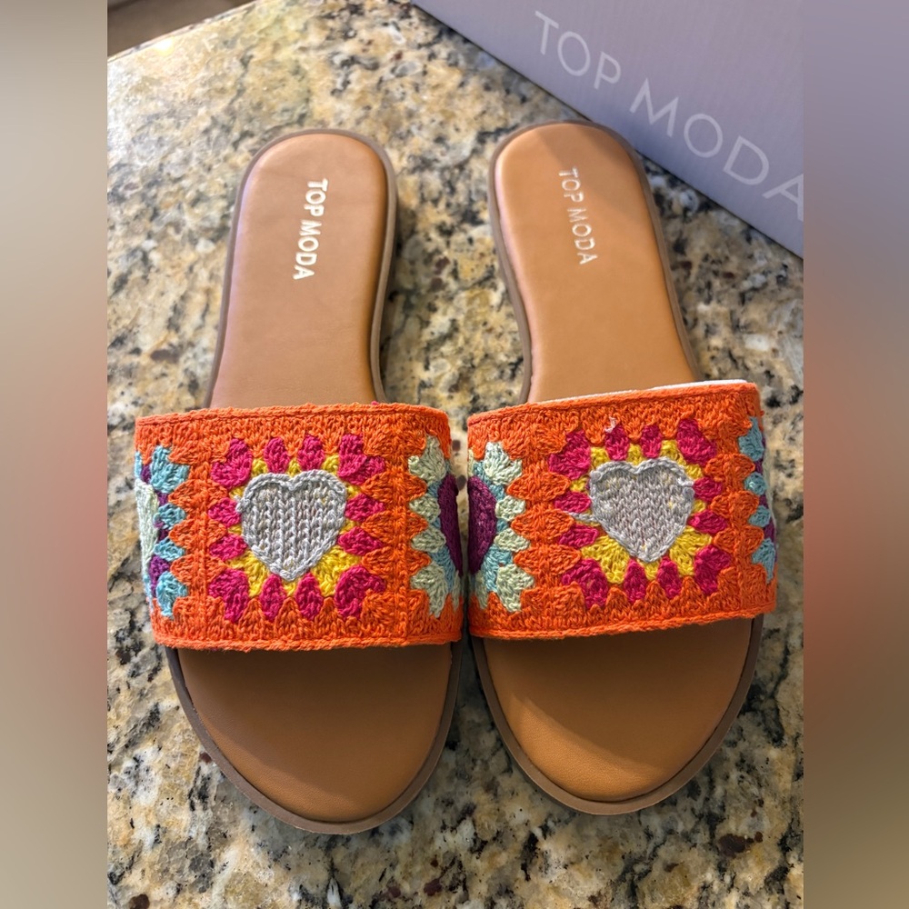 TOP Moda Orange Crochet Slide Sandals with Multicolor Heart Embroidery